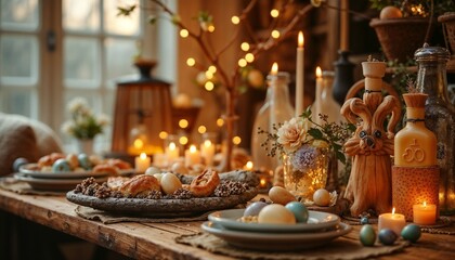 Easter festive table setting with decorated eggs, pastries, and candles, warm and cozy ambiance