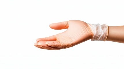 A close-up image of a hand wearing a latex glove, representing care and hygiene. Perfect for themes of health, medical services, or assistance in healthcare settings.