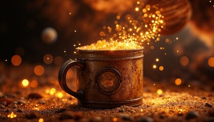 Rustic mug filling with sparkling particles, cosmic background, magical energy and ambiance