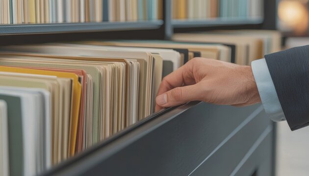 Organise office equipment concept. A hand retrieving files from a neatly organized cabinet.