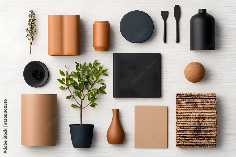 Poster neatly arranged flat lay showcasing an artful of various storage containers and decor elements in a 