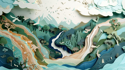 Layered Paper-Cut Forest Scene, Wildlife and Nature Illustration, Tranquil Landscape Artwork, Moonlit Wilderness, Environmental Conservation, Earth Day Concept. AI Generated