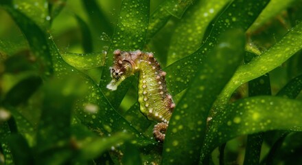 Fototapeta premium A vibrant seahorse camouflaged among lush green underwater plants in a serene habitat