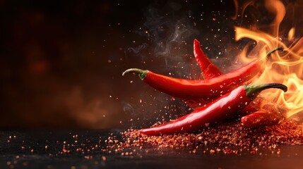Fiery red chili peppers are surrounded by a shower of spices and flames, conveying a sense of excitement and vitality that appeals to food lovers and chefs alike.