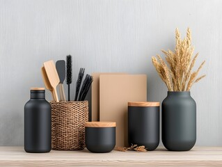 Organized and minimalist Scandinavian inspired still life composition featuring an assortment of versatile cardboard wicker