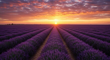 Obraz premium Serene sunset over vibrant lavender fields, showcasing nature's beauty and tranquility