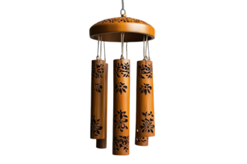 Elegant bamboo wind chimes with intricate floral carvings hanging serenely, creating a peaceful ambiance with a rich, warm brown tone.
