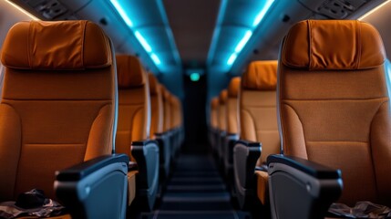 A sleek and modern airline cabin featuring luxurious orange seats arranged neatly, emphasizing comfort and style for discerning travelers seeking an upscale flying experience.