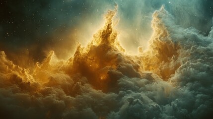 Obraz premium Golden cosmic cloudscape, nebula, space, starfield, fantasy artwork, science fiction backdrop