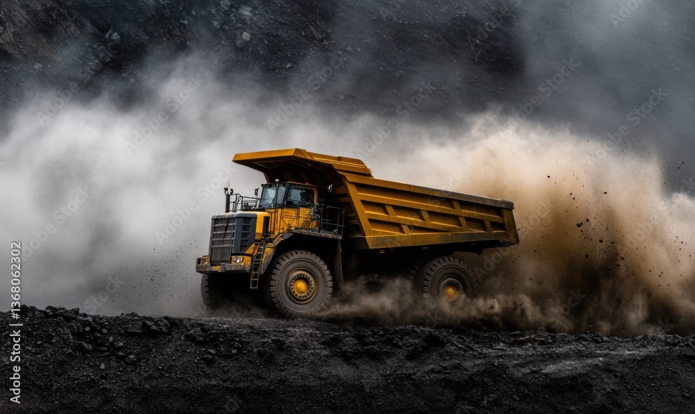 Poster industrial resilience high-performance dump truck navigating rugged quarry terrain - next-gen infras