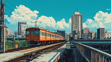Naklejka premium Vibrant cityscape with an orange train gliding through a modern urban environment.