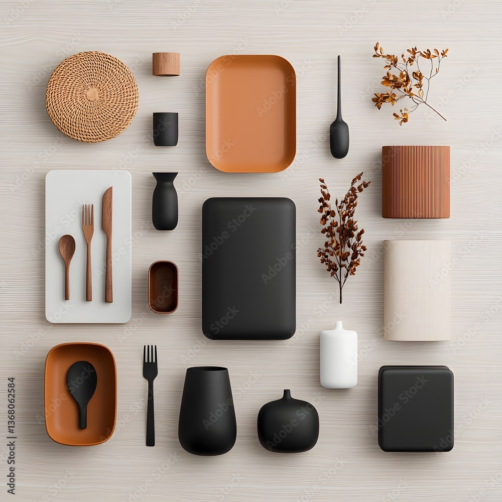 Poster overhead flat lay showcasing a visually striking and functional home organization display featuring 