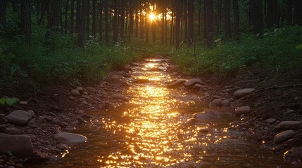 Fototapeta premium Sunlit stream flows through forest, reflecting golden light