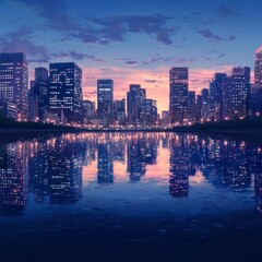 Fototapeta premium Cityscape twilight reflection, urban water scene