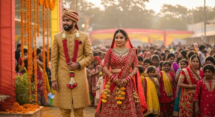 Fototapeta premium A Majestic Indian Wedding Procession: Bride and Groom in Traditional Attire