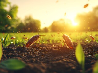 Two cockroaches on a green field near the setting sun