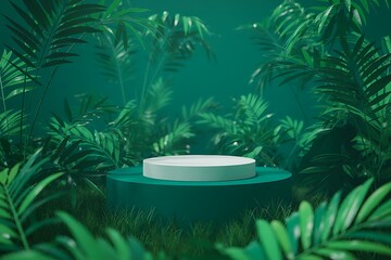 Modern, minimal empty cream white counter table top in sunlight, tree leaf foliage shadow Set of green, orang, pink cylinder pedestal podium display, Empty room background. Abstract Three-dimensional 