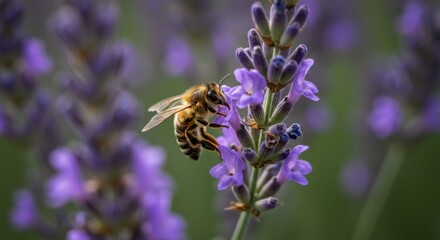 Close-up of a bee pollinating vibrant lavender flowers in a sunny garden setting