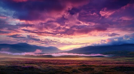 Dreamy Sunrise Over a Vast Field Surrounded by Vibrant Purple Hues and Dramatic Clouds