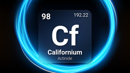Californium (Cf) (098) Actinide, Glass Morphism Element Futuristic Neon Light Glow Background Periodic Table, Chemical Symbol, Name, Atomic Mass, Atomic Number, Vector Illustration