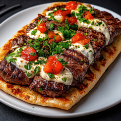 A delicious platter featuring grilled meat topped with fresh tomatoes and herbs, served on warm flatbread, showcasing vibrant colors and appetizing textures.