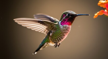 Fototapeta premium Vivid hummingbird hovering near vibrant flower, showcasing nature's beauty and detail