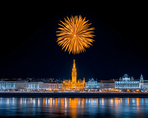 Golden firework exploding over illuminated cityscape reflected in calm water at night