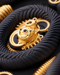 Golden gears nestled within black, textured rings