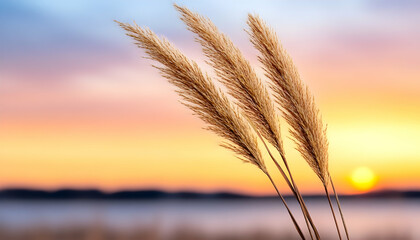 Golden grass swaying gently in a vibrant sunset, over calm water