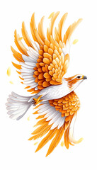 Golden hawk in flight, stylized feathers, white and orange