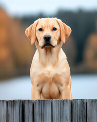 Golden Labrador puppy sits on weathered wooden fence, autumn background