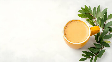Golden latte in yellow mug, green leaves on marble
