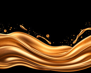 Golden liquid flowing elegantly against a black background, featuring dynamic waves and droplets