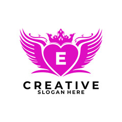 Initial Letter E with wing love and Crown logo design vector template