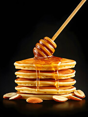Golden pancakes drizzled with honey and almonds