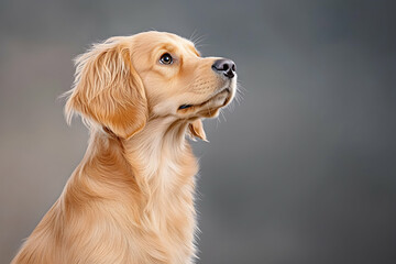 Golden retriever puppy, attentively looking upward against a muted gray backdrop