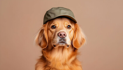 Golden retriever dog wearing a green cap against a brown background