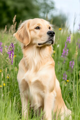 Golden retriever sitting in a field of wildflowers