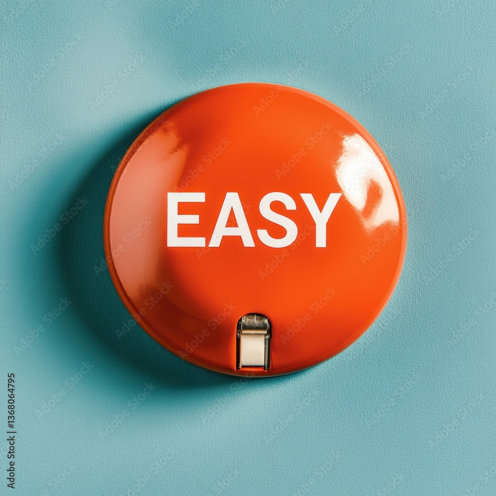 Poster Minimalist UX Innovation Bold Bright Red EASY Button Symbolizing Streamlined Digital Experience and User-Centric Design Simplification