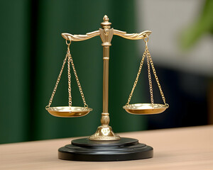 Golden scales of justice on wooden surface