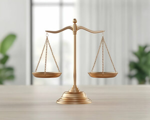 Golden scales of justice on wooden table