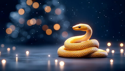 Golden snake coiled, illuminated by soft lights against a dark background