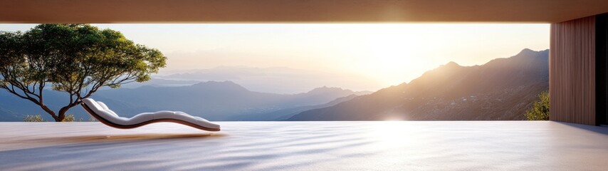 Fototapeta premium Serene sunrise view from minimalist home, featuring a curved chaise lounge near a bonsai tree