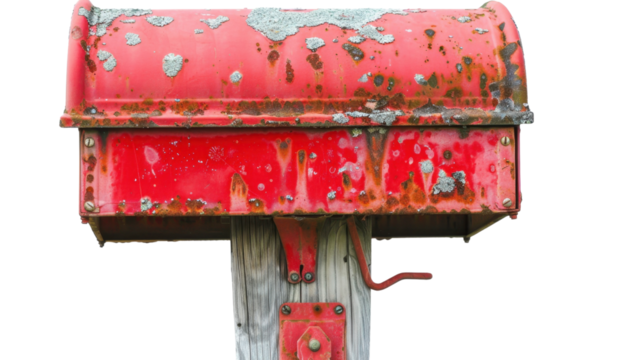 Old weathered red mailbox on transparent background