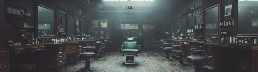 Retro barbershop interior, dimly lit, vintage chairs & mirrors