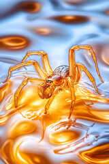 Golden spider on shimmering, abstract surface