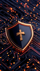 Gold-rimmed shield with cross on circuit board