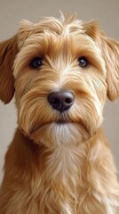 A small, fluffy dog with big, expressive blue eyes sits playfully on a soft, colorful blanket. Its ears perk up, showcasing its curious and friendly demeanor.
