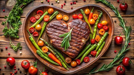 Fototapeta premium Perfectly seared heart shaped steak with rich glaze, with vibrant roasted cherry tomatoes, asparagus, baby carrots, garnished with rosemary and peppercorns. Warm rustic lighting, gourmet appeal