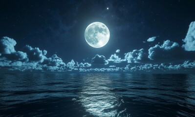 Full Moon Over Ocean Reflecting Light in Night Sky with Clouds